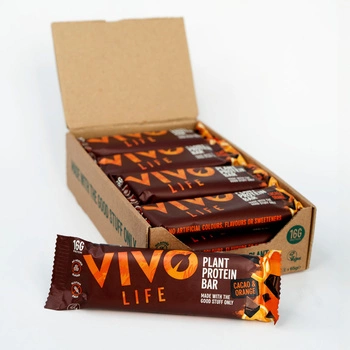 Wegańskie batony proteinowe Vivo Life - Termin ważności: 18.12.2026 r. - kakao i pomarańcza (12 x 65g)